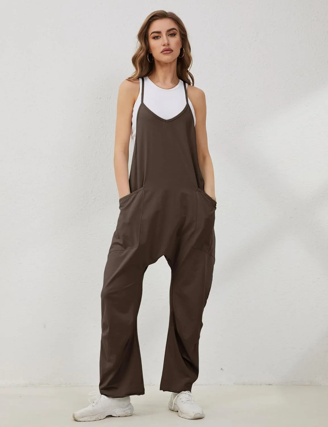 Lentta Women's Causal Jumpsuits V Neck Sleeveless Harem Overalls Stretchy Adjustable Strap Romper with Pockets