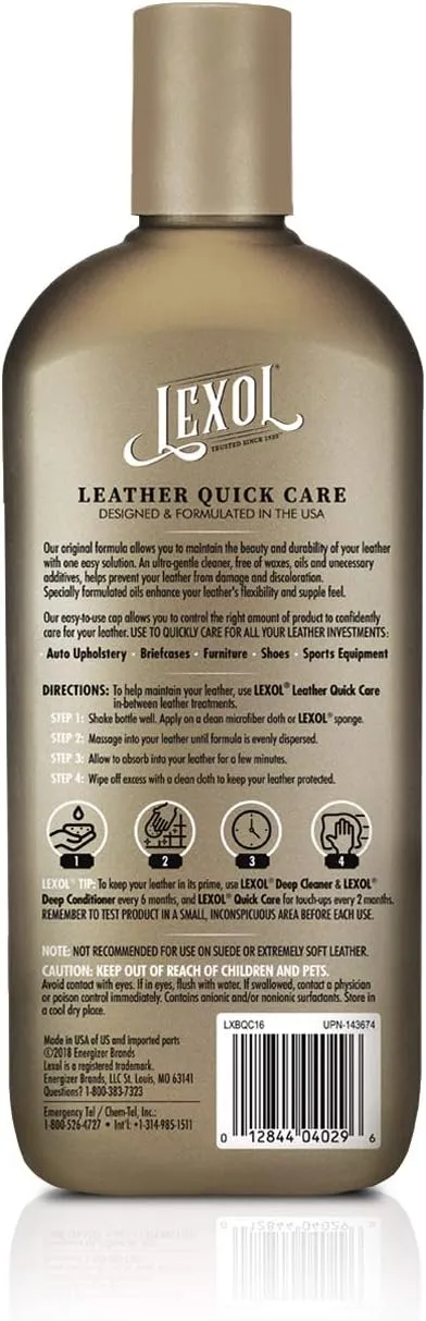 Lexol All Leather Quick Care All-in-One Leather Cleaner and Conditioner for Car Seats and Interiors, Couches and Furniture, Shoes and Boots, Bags and Jackets, Baseball Gloves and Saddles, 16.9 oz