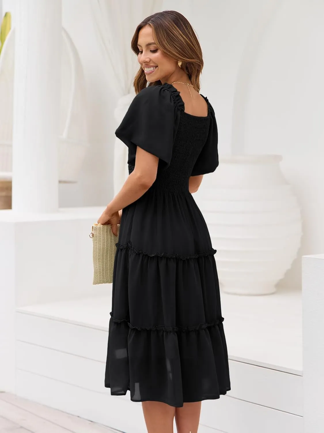 LILLUSORY Women's Summer Casual Flutter Sleeve Square Neck Smocked Midi Dress