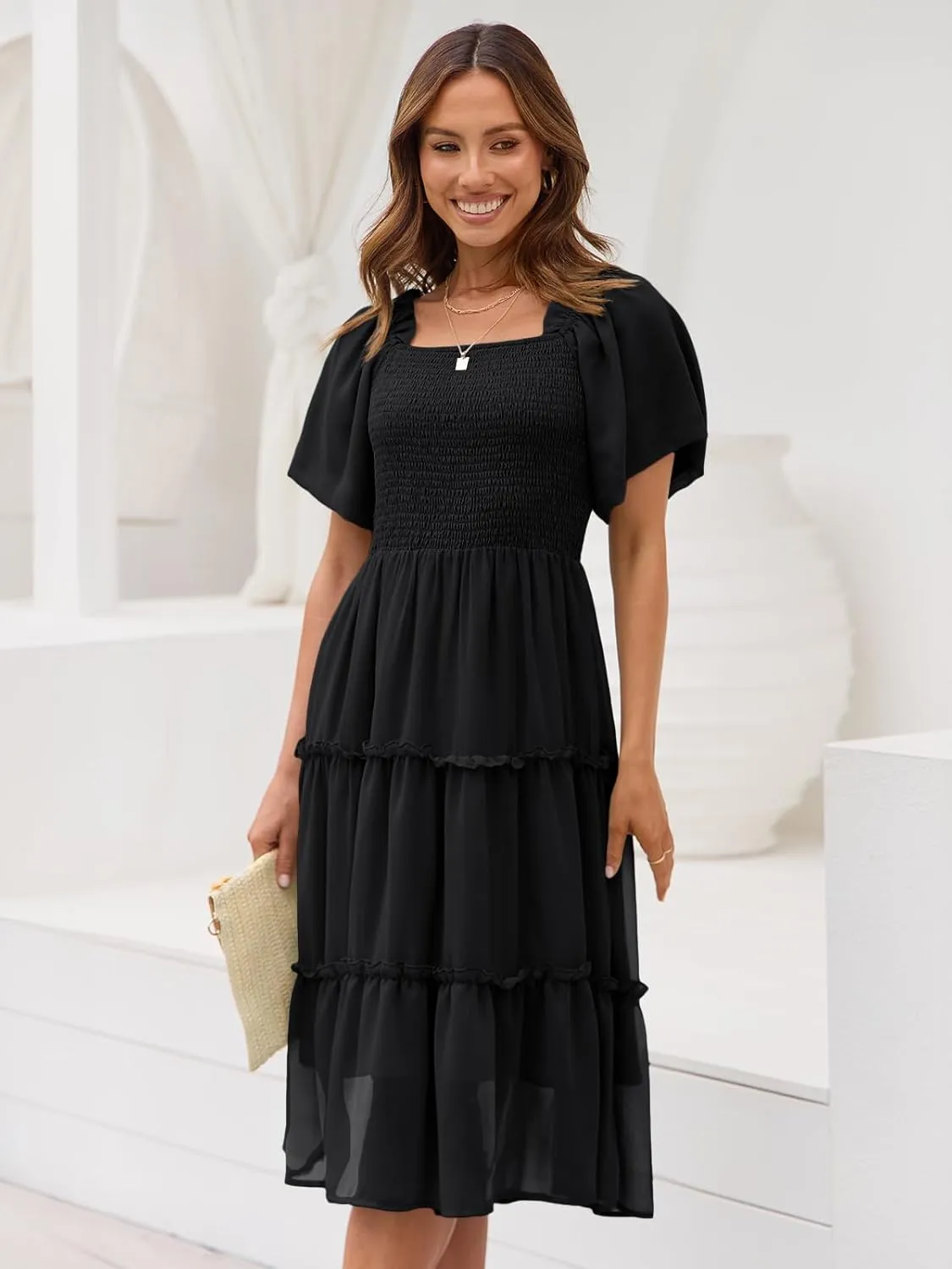 LILLUSORY Women's Summer Casual Flutter Sleeve Square Neck Smocked Midi Dress