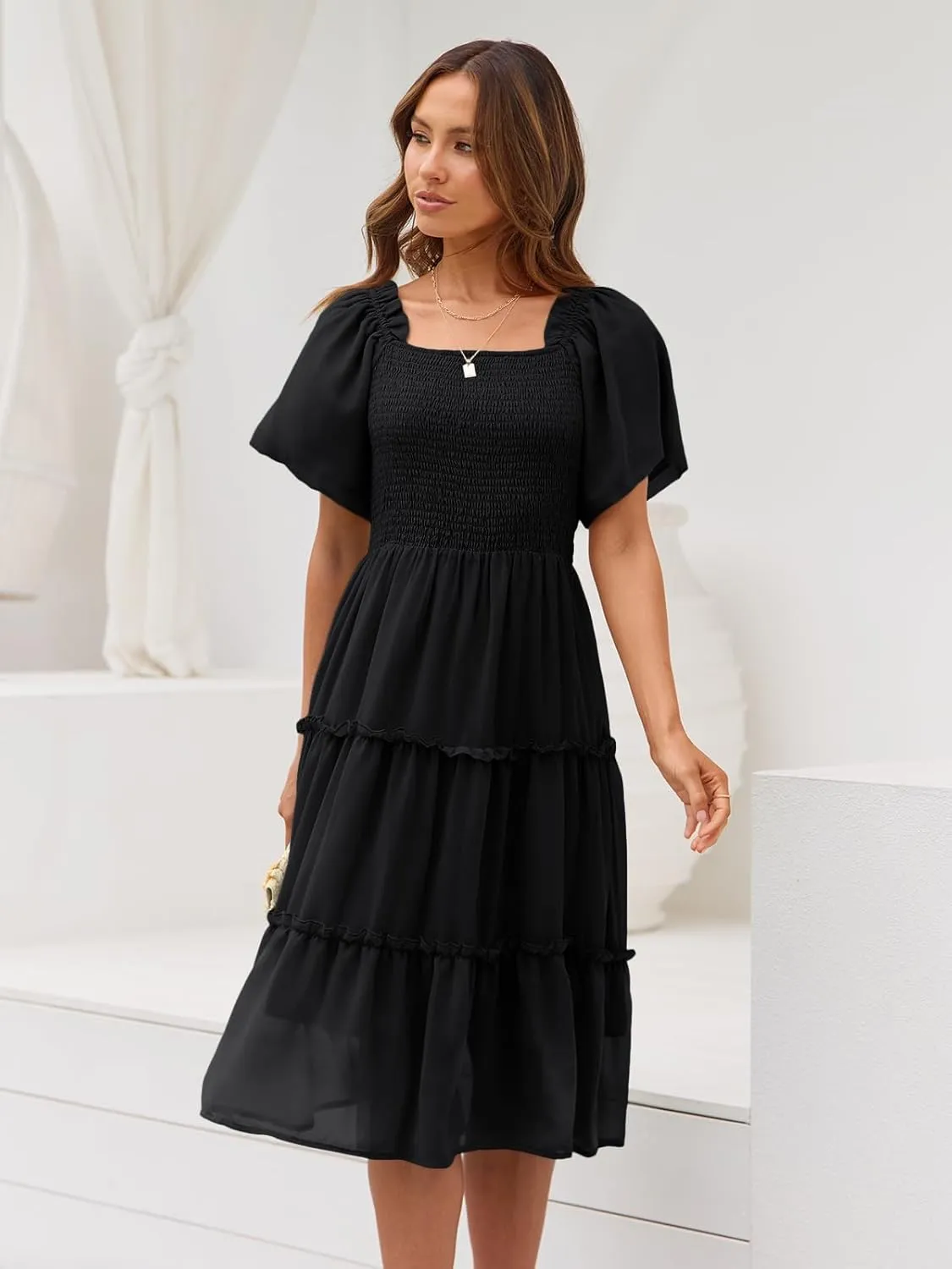 LILLUSORY Women's Summer Casual Flutter Sleeve Square Neck Smocked Midi Dress