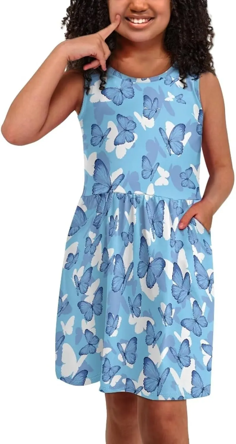 Little Girl Sleeveless Dress Comfy Sundress with Pockets for Kids Girls 4-14 Years Old