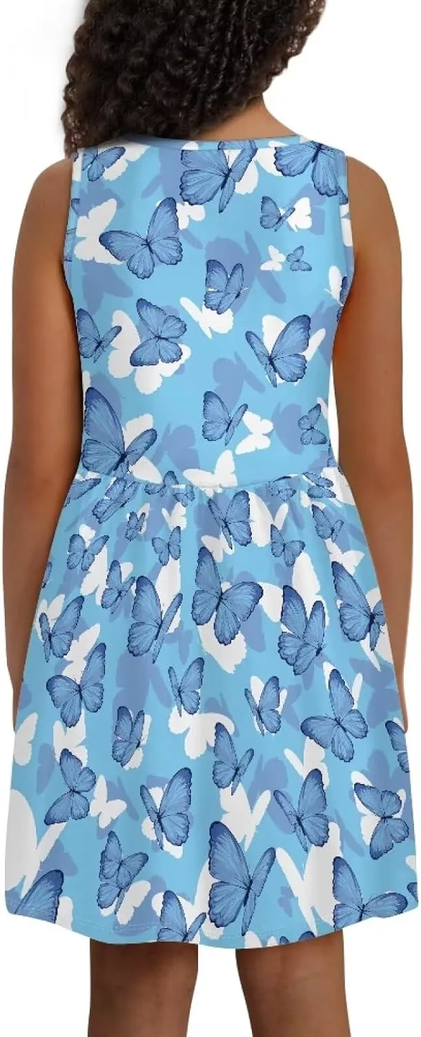 Little Girl Sleeveless Dress Comfy Sundress with Pockets for Kids Girls 4-14 Years Old