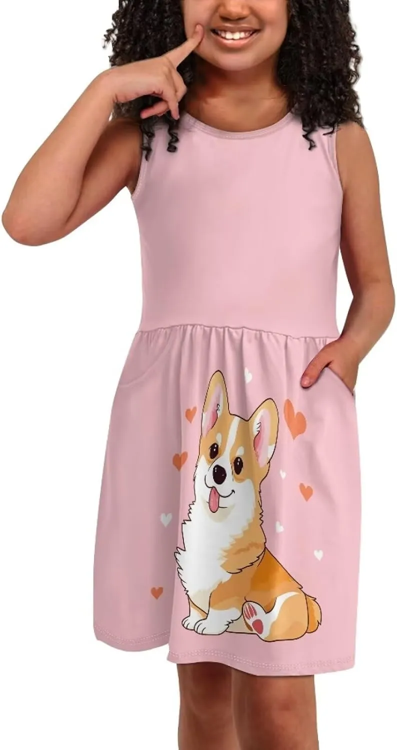 Little Girl Sleeveless Dress Comfy Sundress with Pockets for Kids Girls 4-14 Years Old