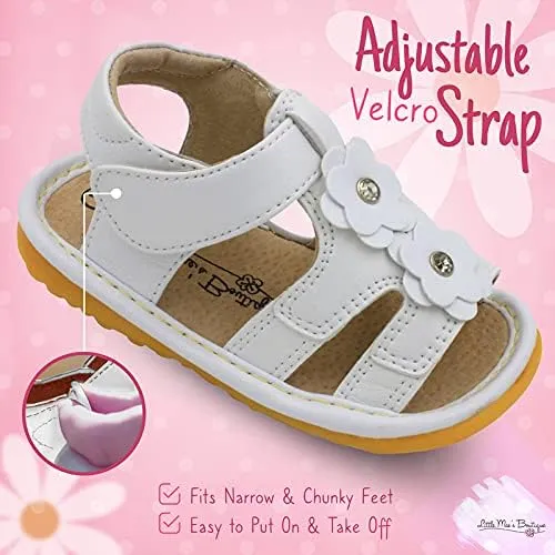 Little Mae's Boutique Mary Jane Two Flower and Gleeful Squeaky Sandals for Toddler Girls, Walking Sandals with Removable Squeaker & Adjustable Strap - Soft Sole Sandals for Little Girls