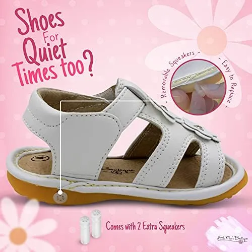 Little Mae's Boutique Mary Jane Two Flower and Gleeful Squeaky Sandals for Toddler Girls, Walking Sandals with Removable Squeaker & Adjustable Strap - Soft Sole Sandals for Little Girls