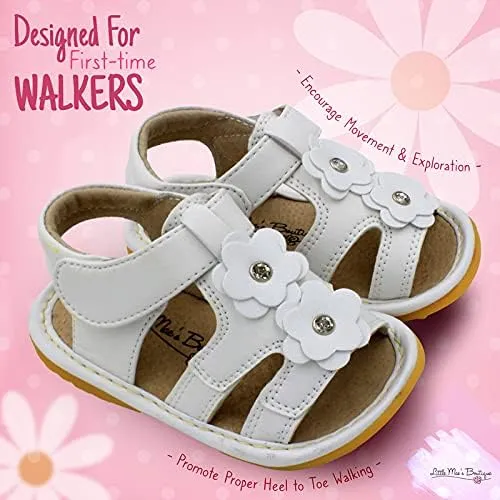 Little Mae's Boutique Mary Jane Two Flower and Gleeful Squeaky Sandals for Toddler Girls, Walking Sandals with Removable Squeaker & Adjustable Strap - Soft Sole Sandals for Little Girls