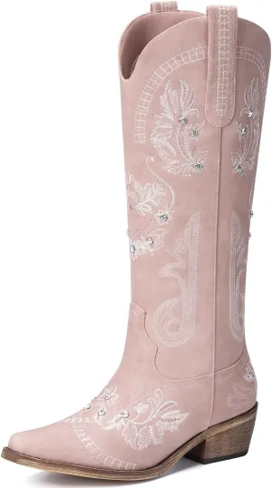 Lumeheel Cowboy Boots for Women - Knee High Western Cowgirl Boots, Sparkly Rhinestone Retro Country Boots with Classic Embroidered, Pointed Toe Chunky Heel Pull on Zipper Fashion Vintage Tall Boots