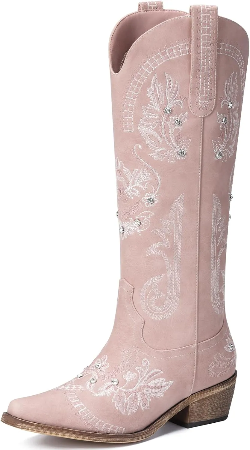 Lumeheel Cowboy Boots for Women - Knee High Western Cowgirl Boots, Sparkly Rhinestone Retro Country Boots with Classic Embroidered, Pointed Toe Chunky Heel Pull on Zipper Fashion Vintage Tall Boots