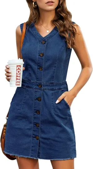 luvamia Women's Casual V Neck Sleeveless Jeans Button Down Denim Short Dress