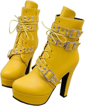LUXMAX Women Lace Up Gothic Ankle Boots Platform Block Heel Punk Boots
