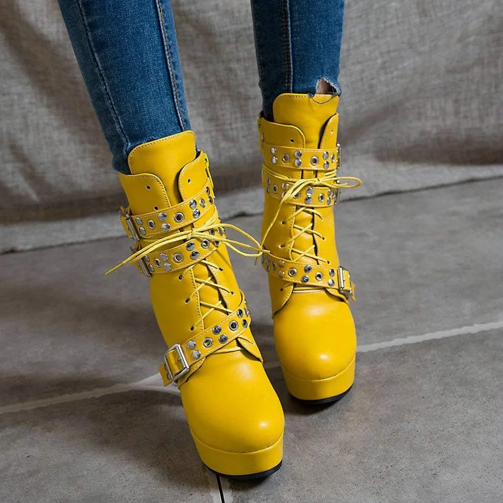 LUXMAX Women Lace Up Gothic Ankle Boots Platform Block Heel Punk Boots