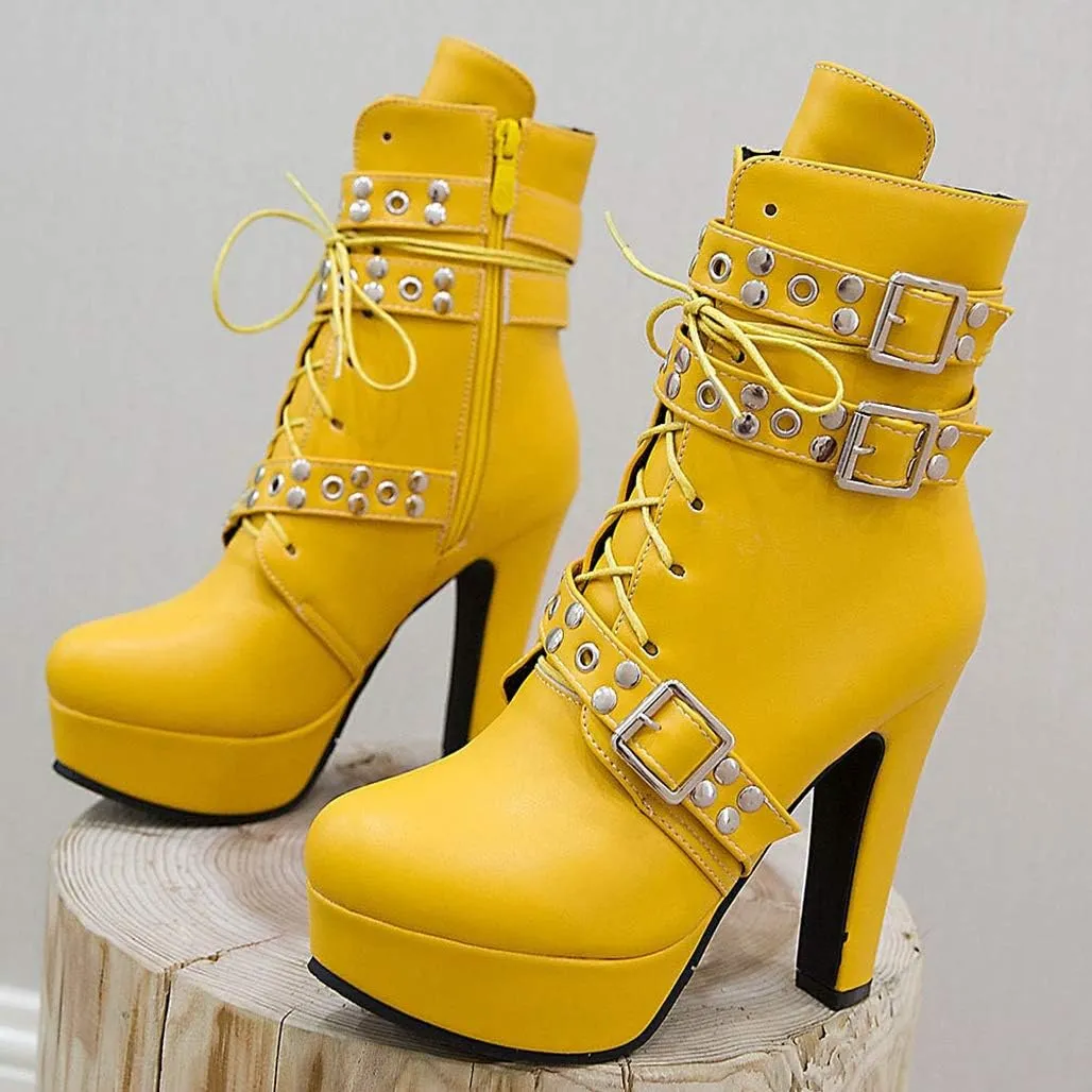 LUXMAX Women Lace Up Gothic Ankle Boots Platform Block Heel Punk Boots