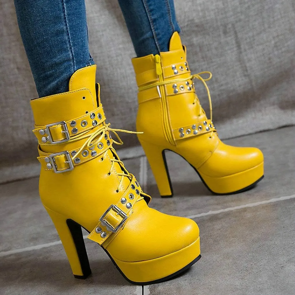 LUXMAX Women Lace Up Gothic Ankle Boots Platform Block Heel Punk Boots