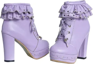 LUXMAX Women Lolita Lace Up Platform Ankle Boots Block High Heel Short Booties
