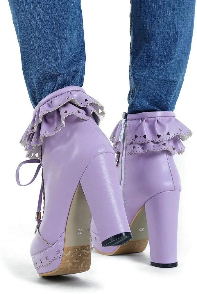 LUXMAX Women Lolita Lace Up Platform Ankle Boots Block High Heel Short Booties