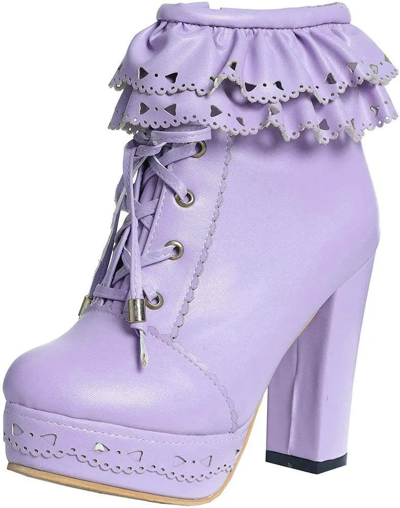 LUXMAX Women Lolita Lace Up Platform Ankle Boots Block High Heel Short Booties