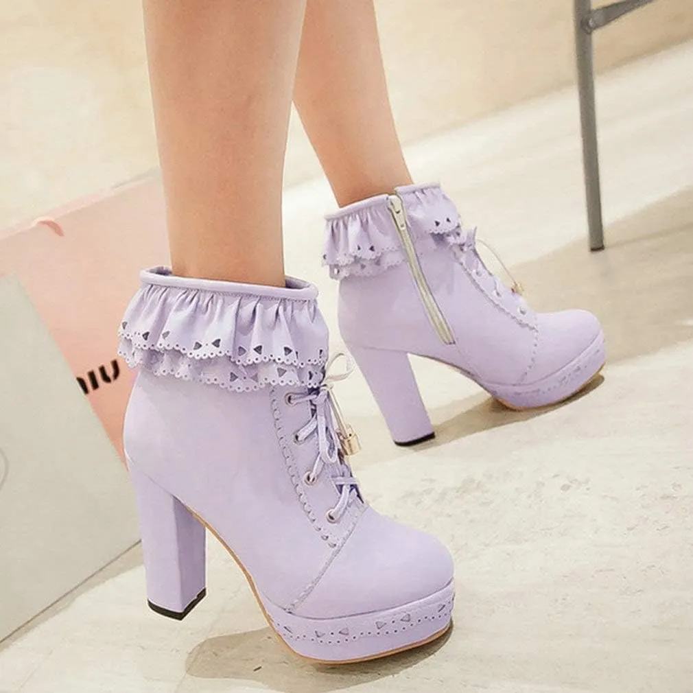 LUXMAX Women Lolita Lace Up Platform Ankle Boots Block High Heel Short Booties