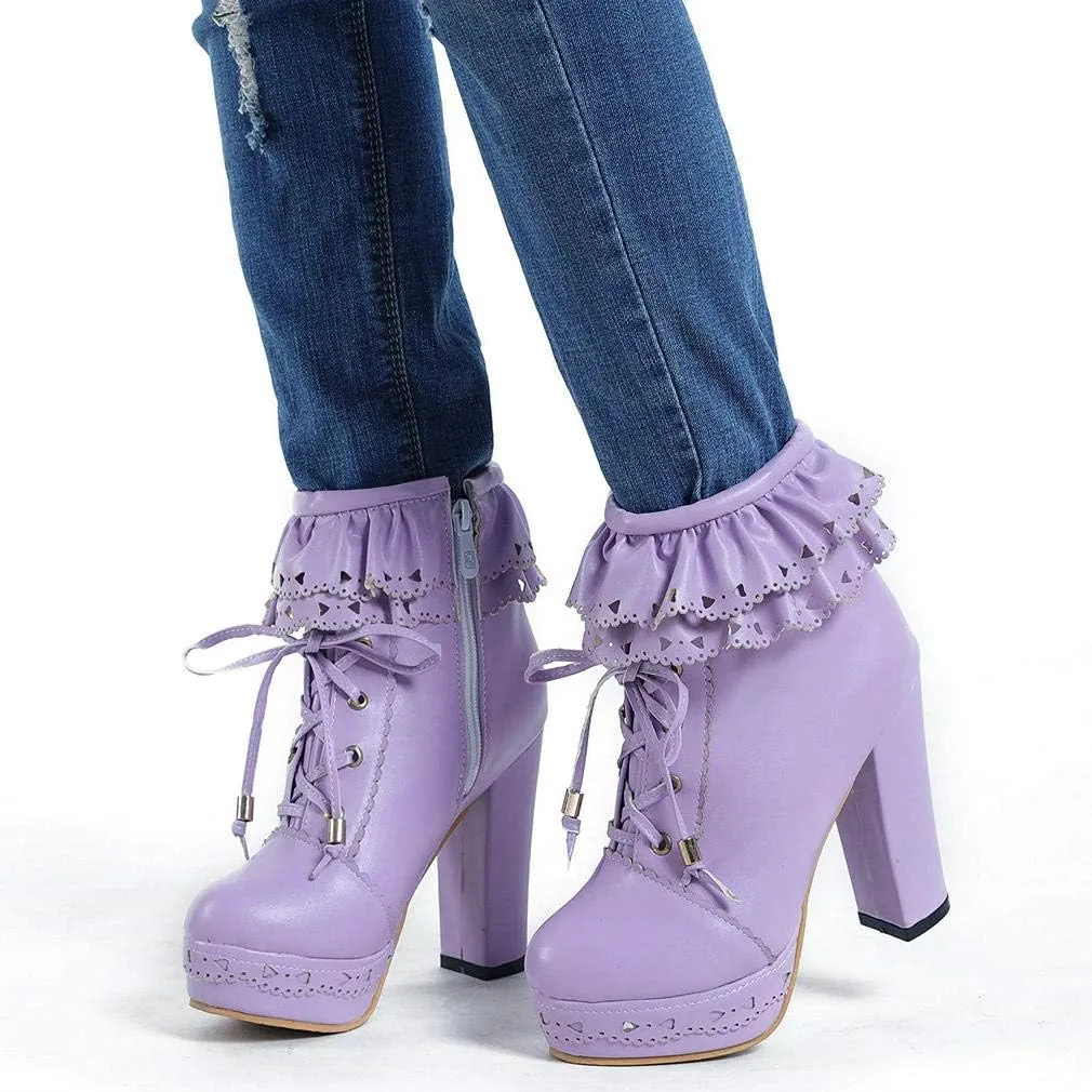 LUXMAX Women Lolita Lace Up Platform Ankle Boots Block High Heel Short Booties