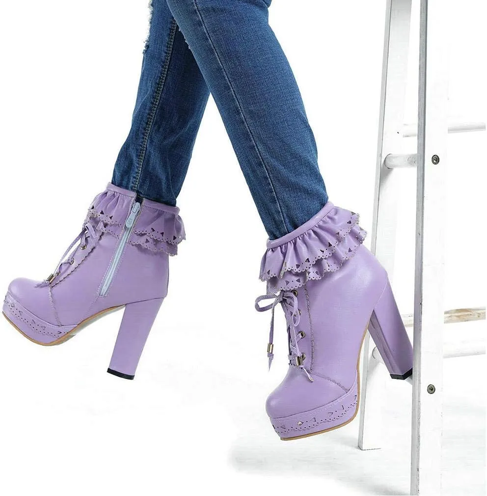 LUXMAX Women Lolita Lace Up Platform Ankle Boots Block High Heel Short Booties
