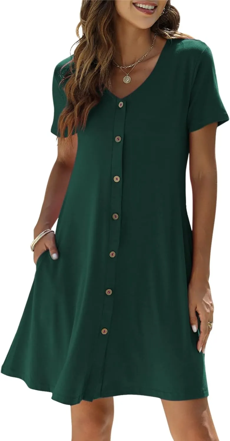 Manydress Women's Summer Casual T Shirt Dresses Short Sleeve Button Down Swing Dress with Pockets MY035