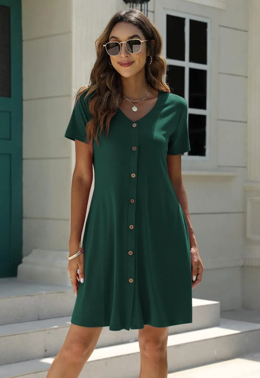 Manydress Women's Summer Casual T Shirt Dresses Short Sleeve Button Down Swing Dress with Pockets MY035