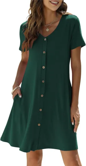 Manydress Women's Summer Casual T Shirt Dresses Short Sleeve Button Down Swing Dress with Pockets MY035