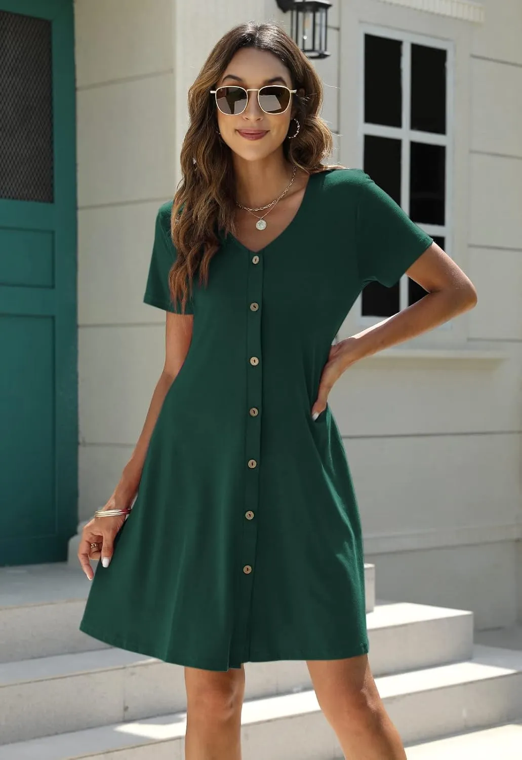Manydress Women's Summer Casual T Shirt Dresses Short Sleeve Button Down Swing Dress with Pockets MY035