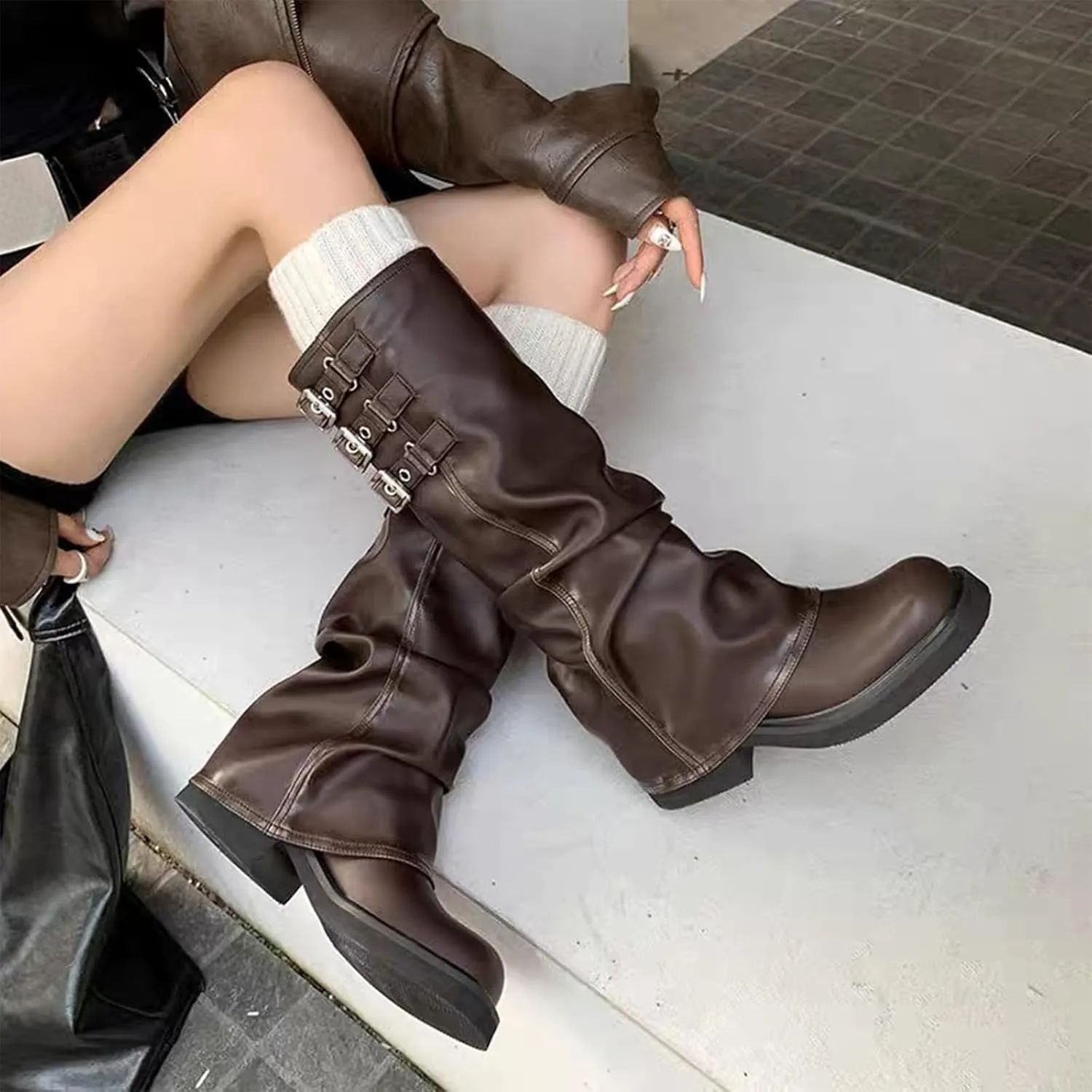MAVMAX Women Slouchy Knee High Boots Casual Round Toe Pull On Riding Biker Boots Fold Over Chunky Low Heel Platform Boot
