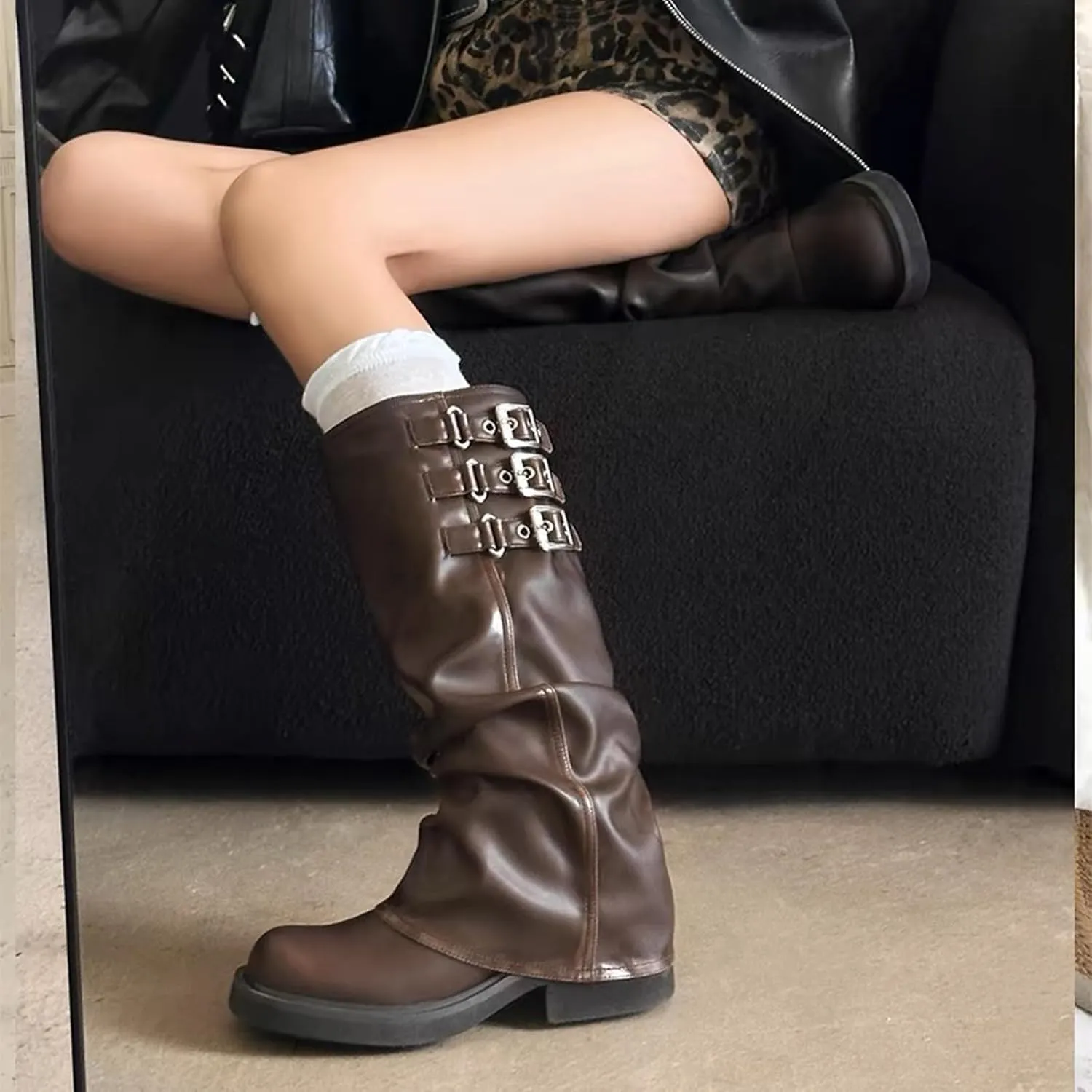 MAVMAX Women Slouchy Knee High Boots Casual Round Toe Pull On Riding Biker Boots Fold Over Chunky Low Heel Platform Boot