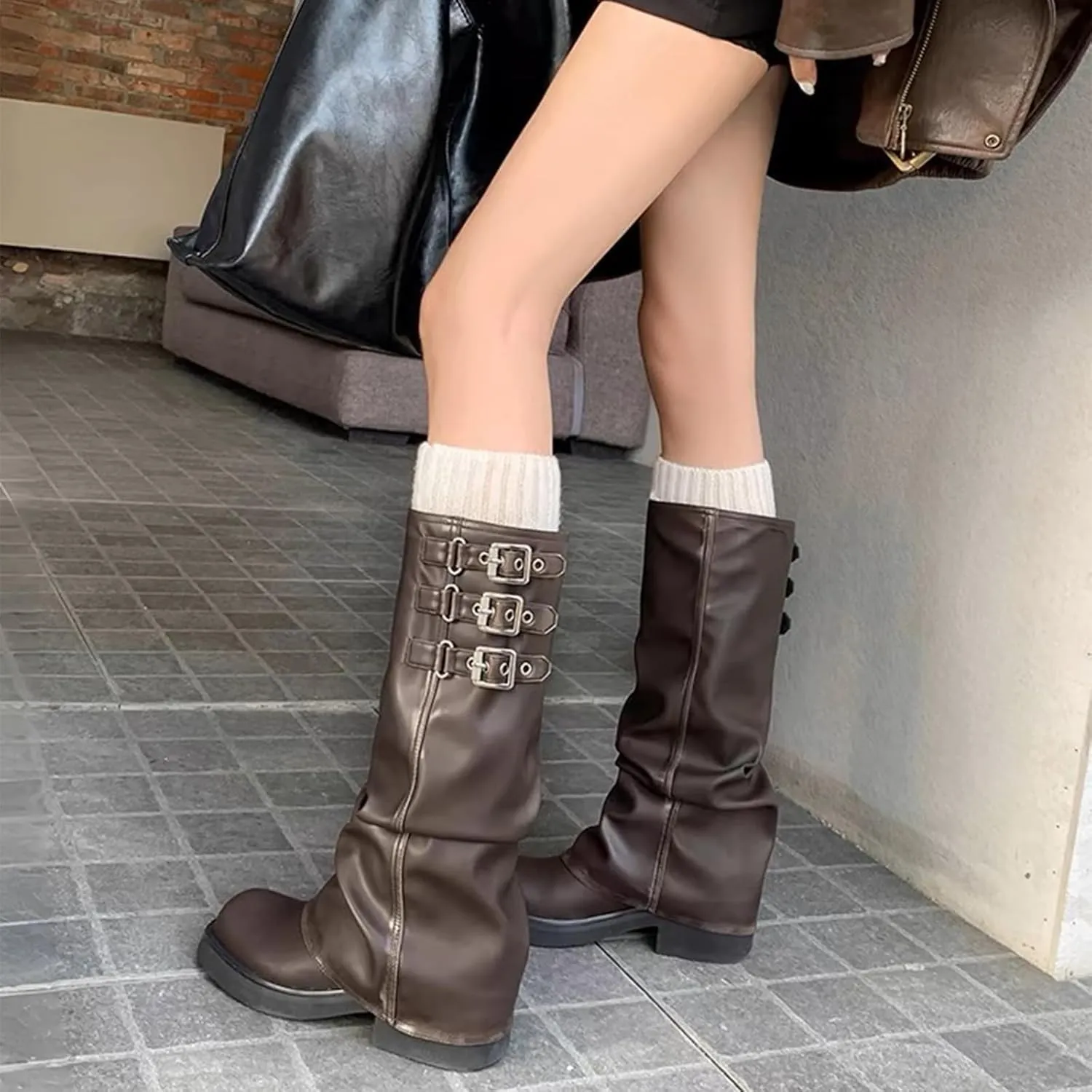 MAVMAX Women Slouchy Knee High Boots Casual Round Toe Pull On Riding Biker Boots Fold Over Chunky Low Heel Platform Boot