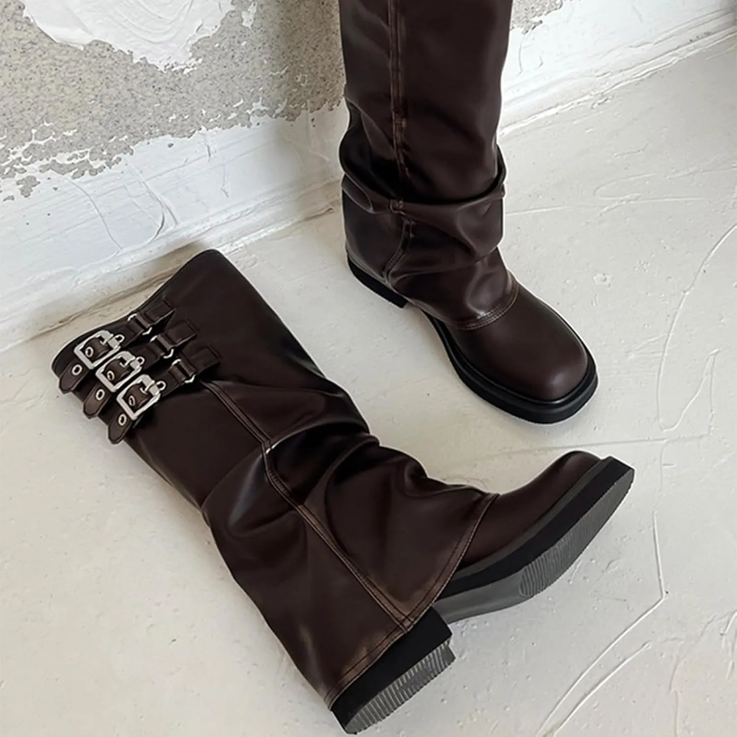 MAVMAX Women Slouchy Knee High Boots Casual Round Toe Pull On Riding Biker Boots Fold Over Chunky Low Heel Platform Boot