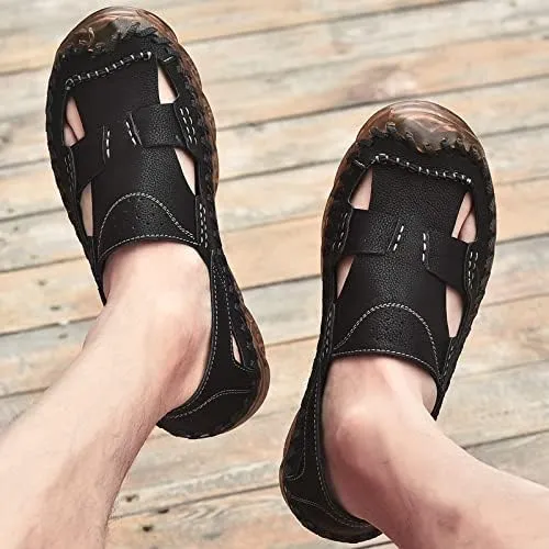 Mens Closed Toe Leather Sandals For Men Breathable Summer Shoes Fisherman Men's Slippers Flip Flops Brown Black Big Size Outdoor Casual Shoe Man Beach Sport Hiking Work Male