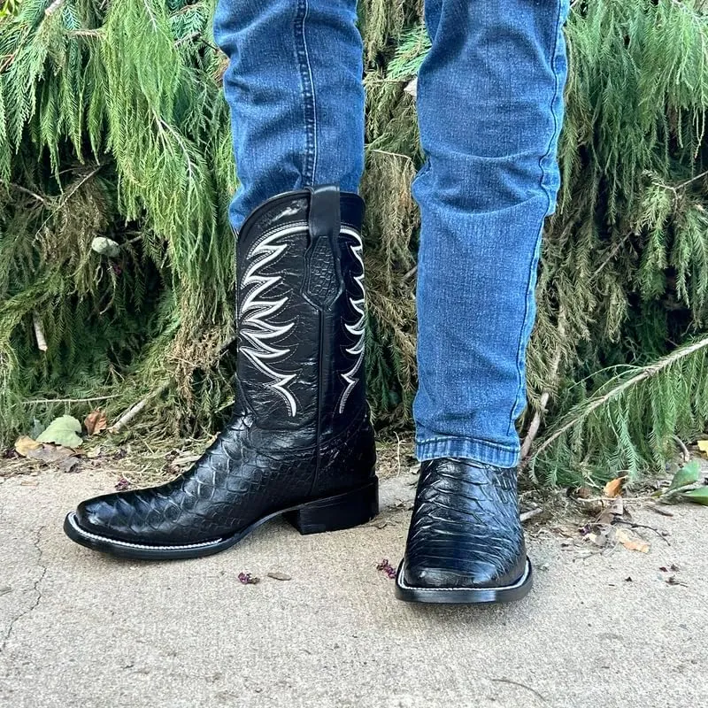 Men's Exotic Pattern Western Cowboy Slip-On Square Toe Boots in Leather-Alex Series Snake, Caiman & Ostrich Styling bota de vaquero para hombre