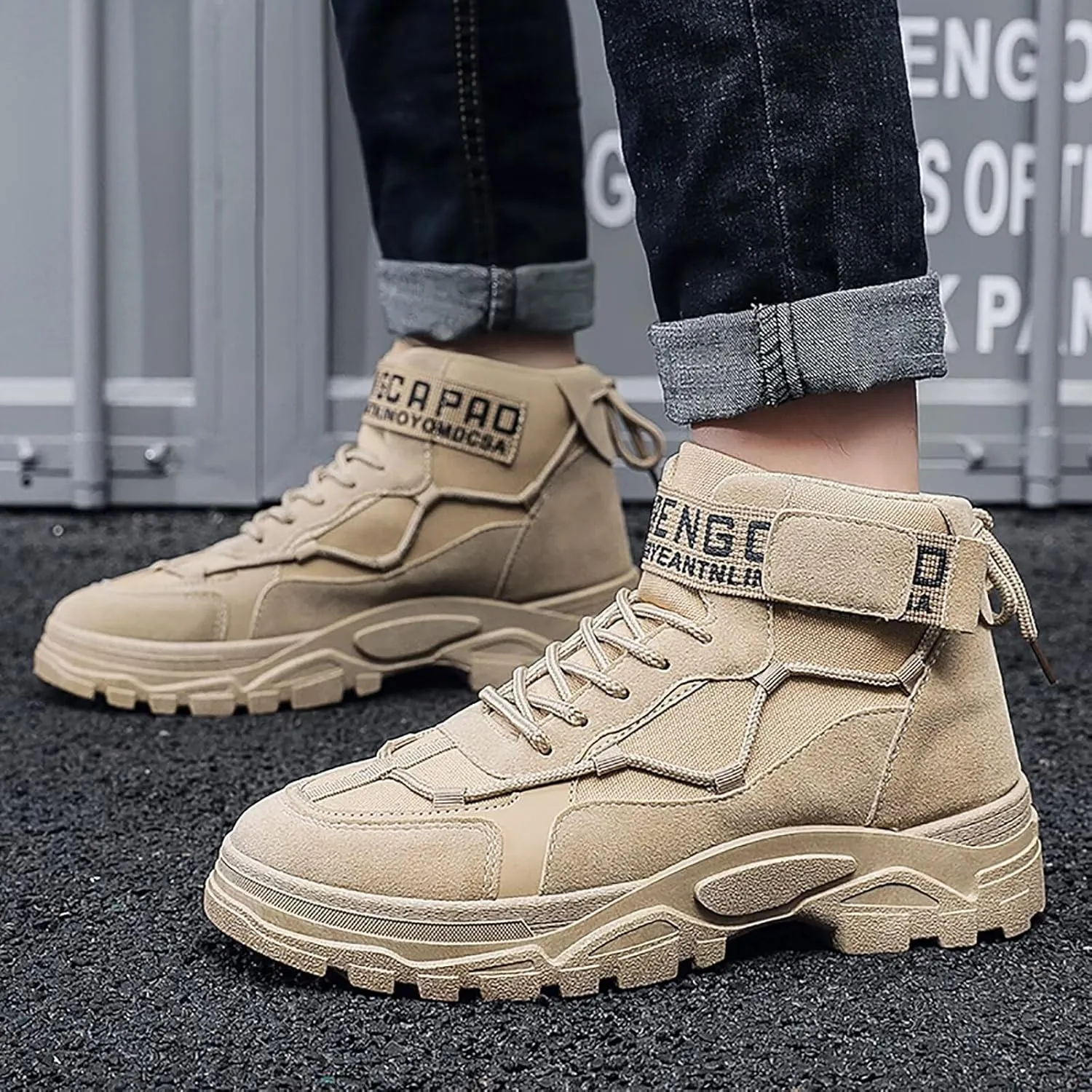 Men's Fashion Work Boots Soft Sole Tactical Military Boots Non Slip Combat Boots Mid Top Ankle Shoes for Men