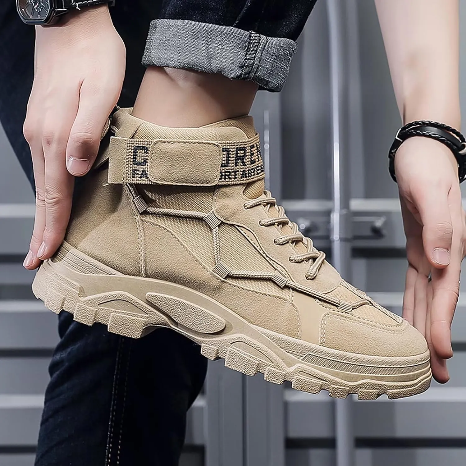 Men's Fashion Work Boots Soft Sole Tactical Military Boots Non Slip Combat Boots Mid Top Ankle Shoes for Men