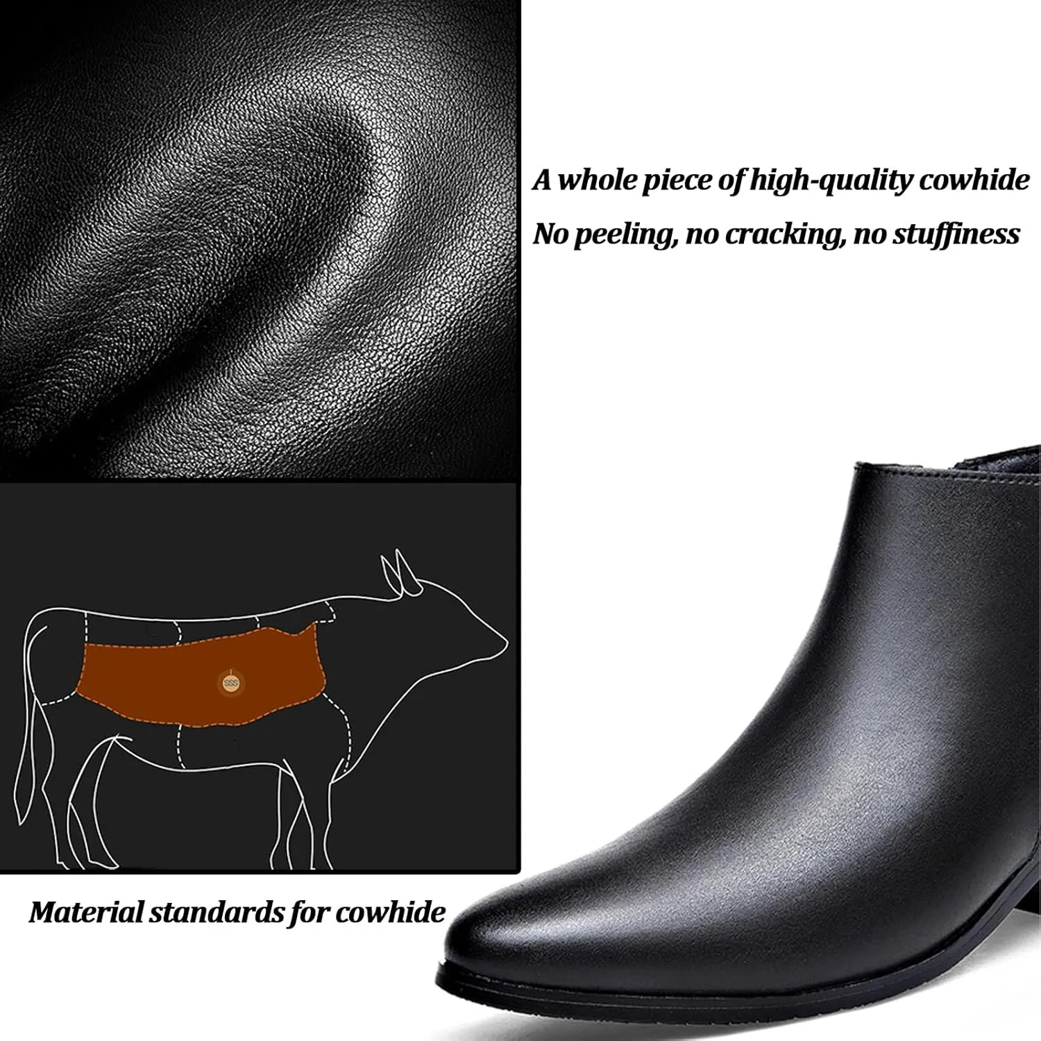 Men's Genuine Leather Pointed Toe Block Heels Chelsea Ankle Boots with Side Zipper Chunky heels Business Dress Chukka Boots Comfort Non Slip Work Booties