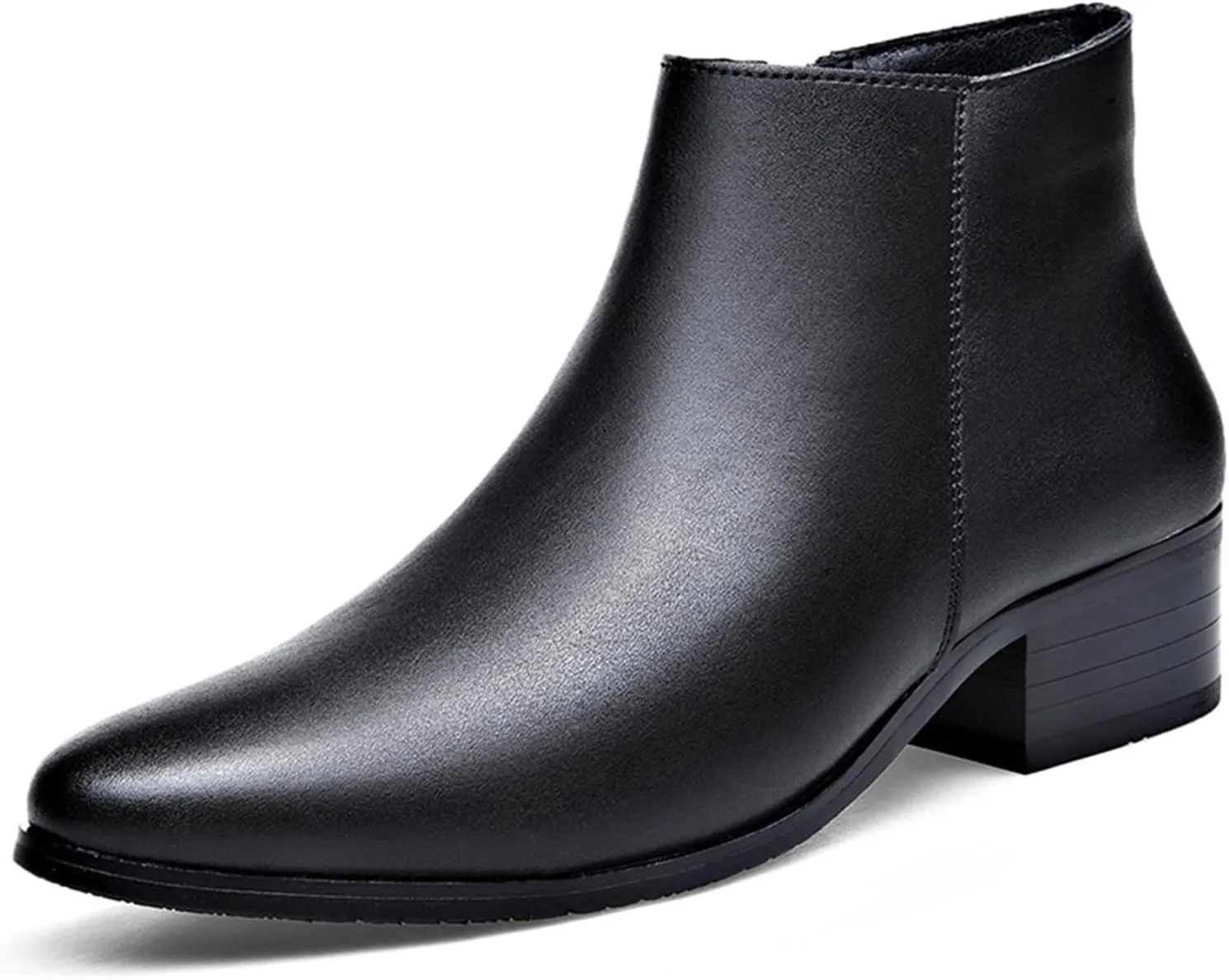 Men's Genuine Leather Pointed Toe Block Heels Chelsea Ankle Boots with Side Zipper Chunky heels Business Dress Chukka Boots Comfort Non Slip Work Booties
