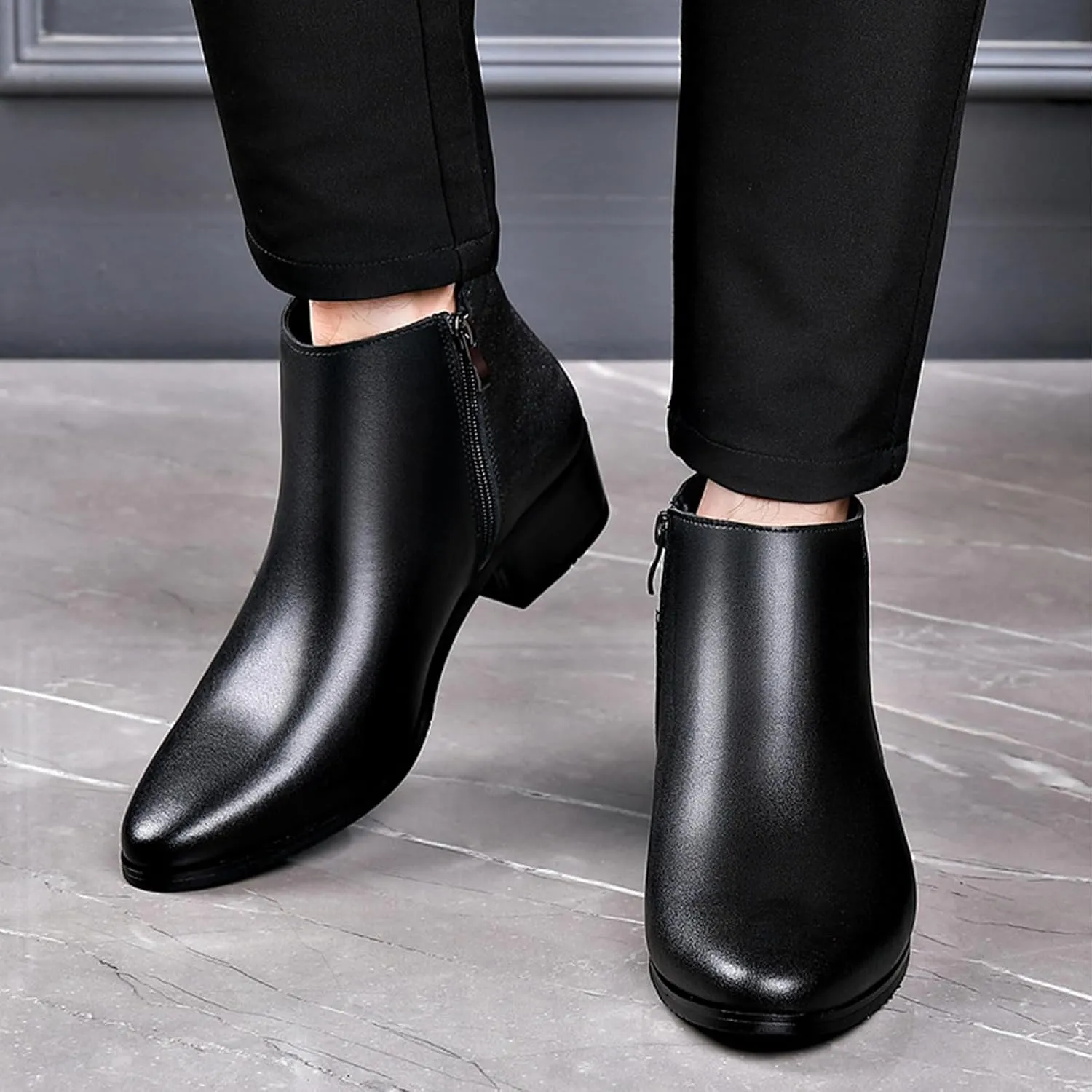 Men's Genuine Leather Pointed Toe Block Heels Chelsea Ankle Boots with Side Zipper Chunky heels Business Dress Chukka Boots Comfort Non Slip Work Booties