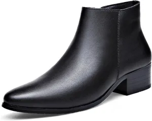 Men's Genuine Leather Pointed Toe Block Heels Chelsea Ankle Boots with Side Zipper Chunky heels Business Dress Chukka Boots Comfort Non Slip Work Booties
