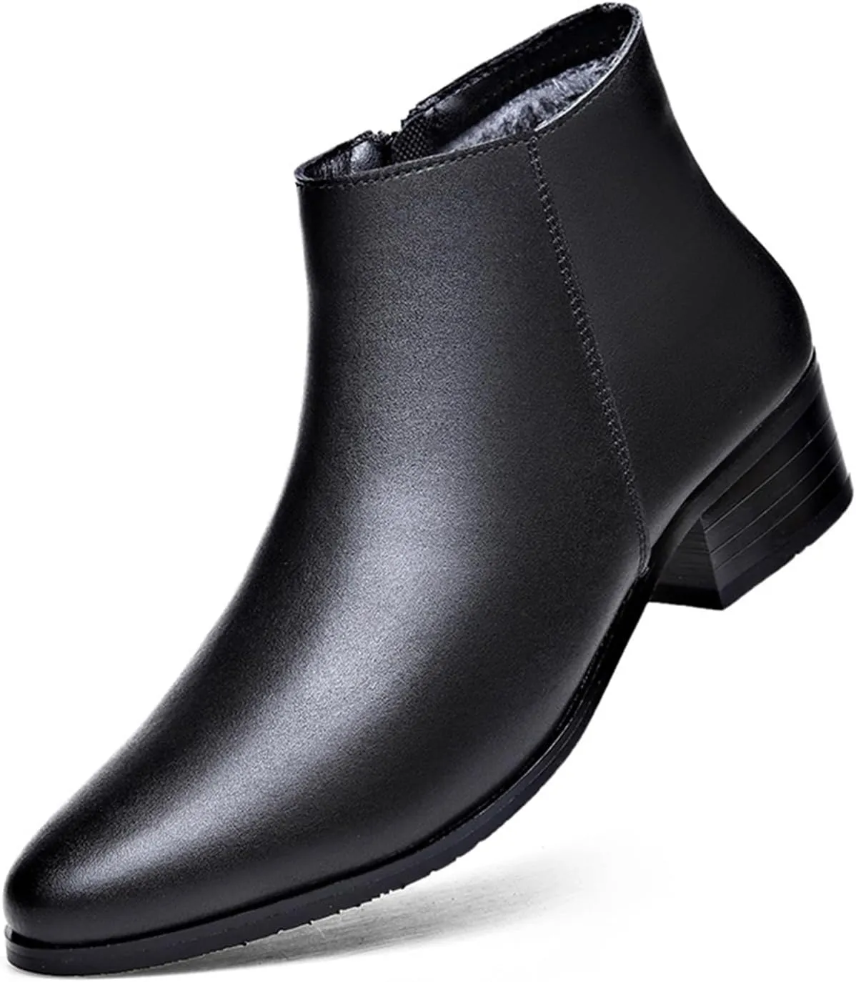 Men's Genuine Leather Pointed Toe Block Heels Chelsea Ankle Boots with Side Zipper Warm Fur Lined Chunky Heels Business Dress Chukka Boots Comfortable Non Slip Work Winter Booties