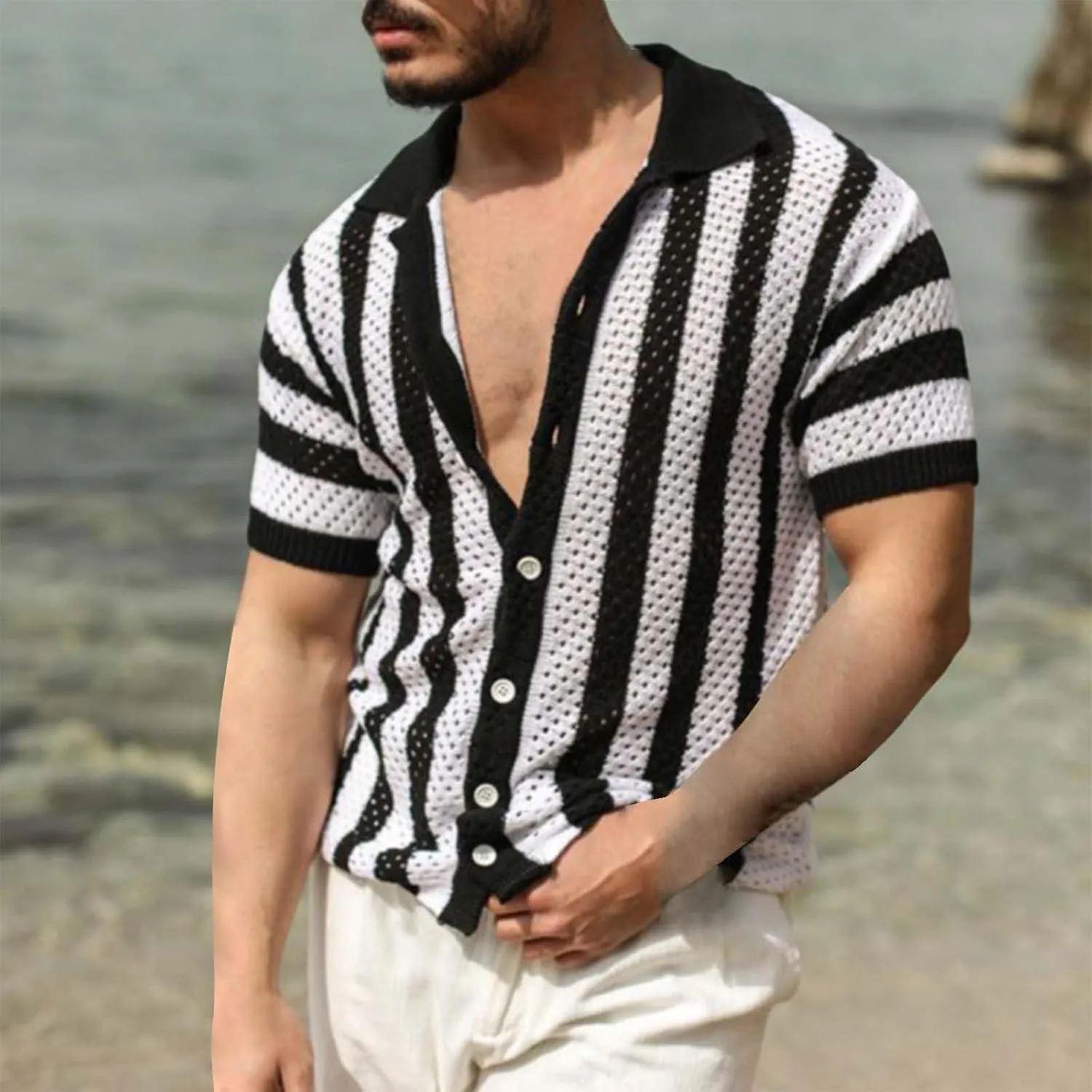 Men's Knit Fishnet Shirts Short Sleeve Button Down Breathable Polo Shirt Fashion Casual Summer Beach Vacation Shirts