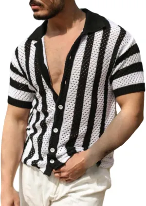 Men's Knit Fishnet Shirts Short Sleeve Button Down Breathable Polo Shirt Fashion Casual Summer Beach Vacation Shirts