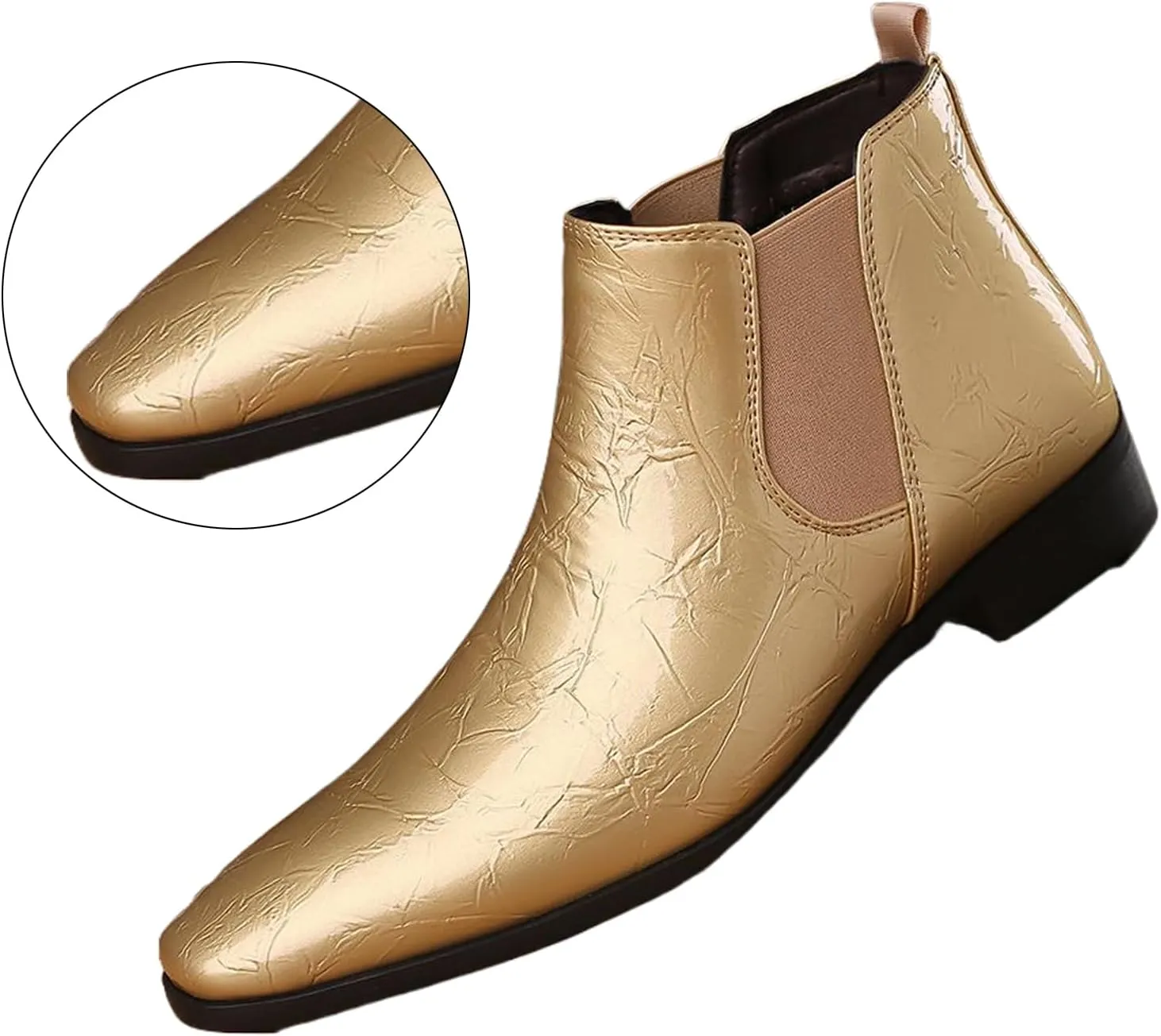 Men's Patent Leather Low Chunky Heel Chelsea Boots Fashion High Gloss Slip-on Business Dress Oxford Boots for Wedding Prom Party Business Work