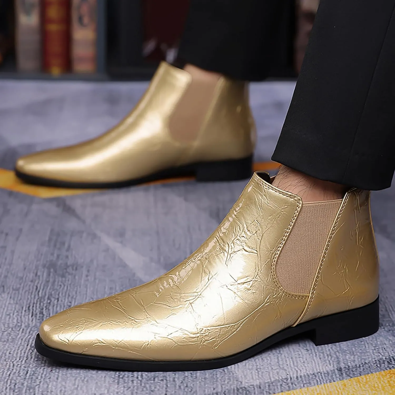 Men's Patent Leather Low Chunky Heel Chelsea Boots Fashion High Gloss Slip-on Business Dress Oxford Boots for Wedding Prom Party Business Work