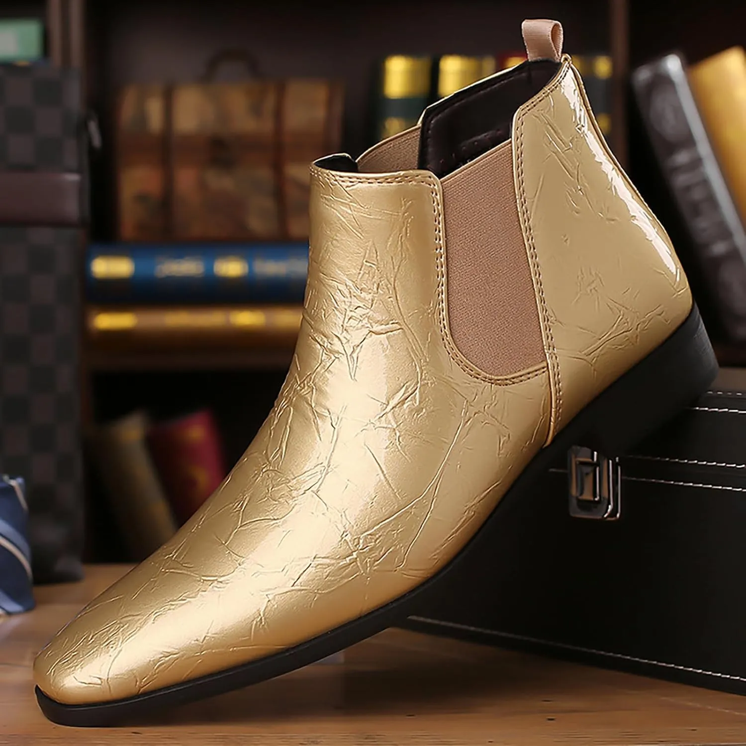 Men's Patent Leather Low Chunky Heel Chelsea Boots Fashion High Gloss Slip-on Business Dress Oxford Boots for Wedding Prom Party Business Work
