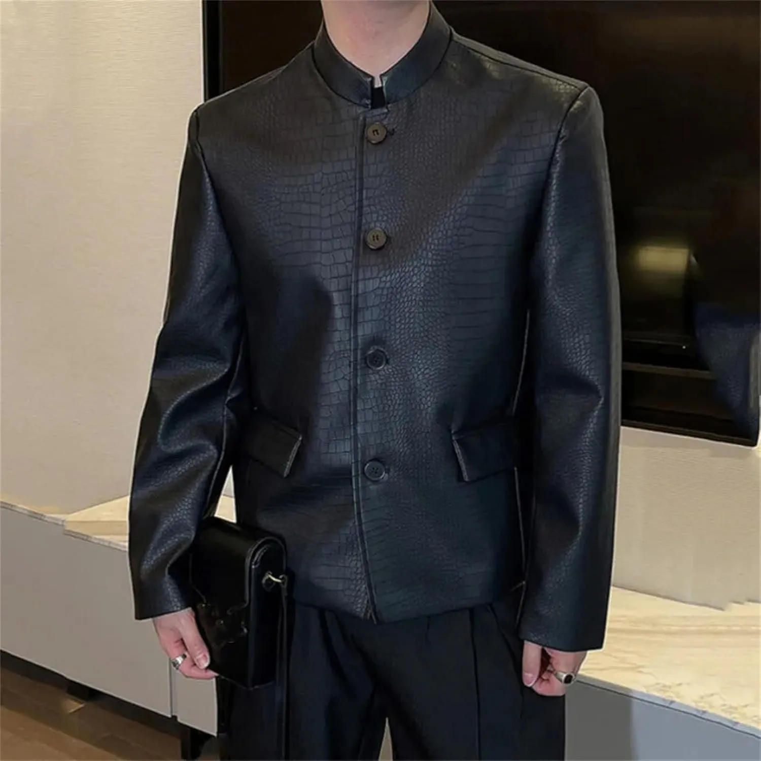 Men's Spring Chinese Style Solid Color PU Leather Jacket Stand Collar Single Breasted Stylish Jacket Suit Coat