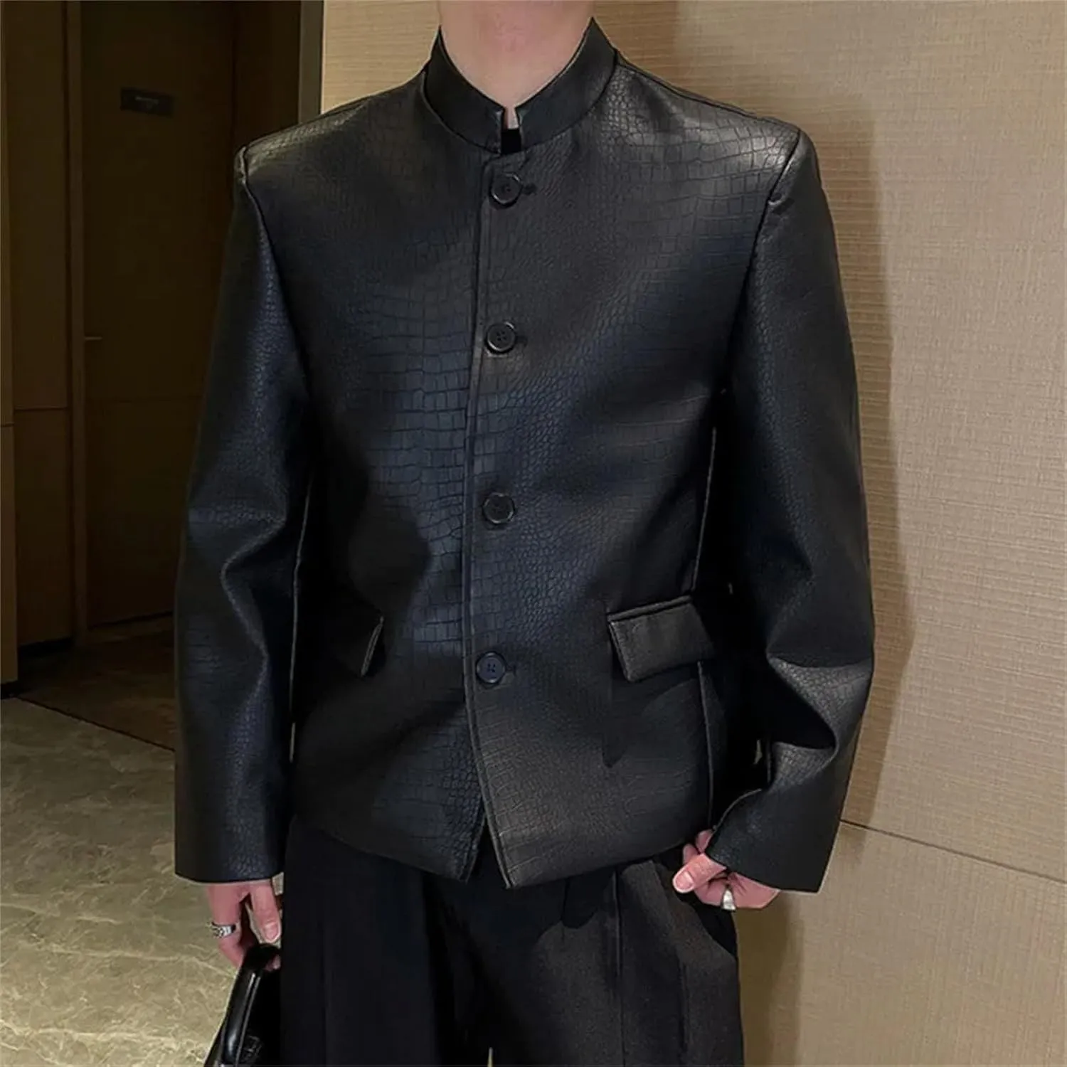 Men's Spring Chinese Style Solid Color PU Leather Jacket Stand Collar Single Breasted Stylish Jacket Suit Coat