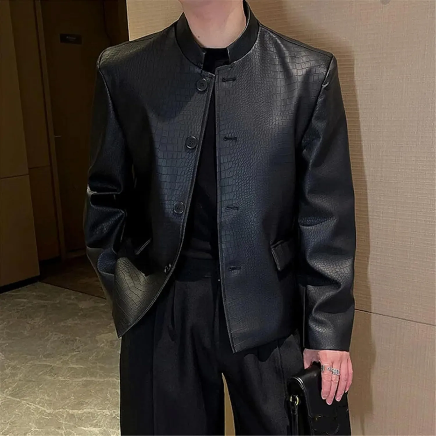 Men's Spring Chinese Style Solid Color PU Leather Jacket Stand Collar Single Breasted Stylish Jacket Suit Coat