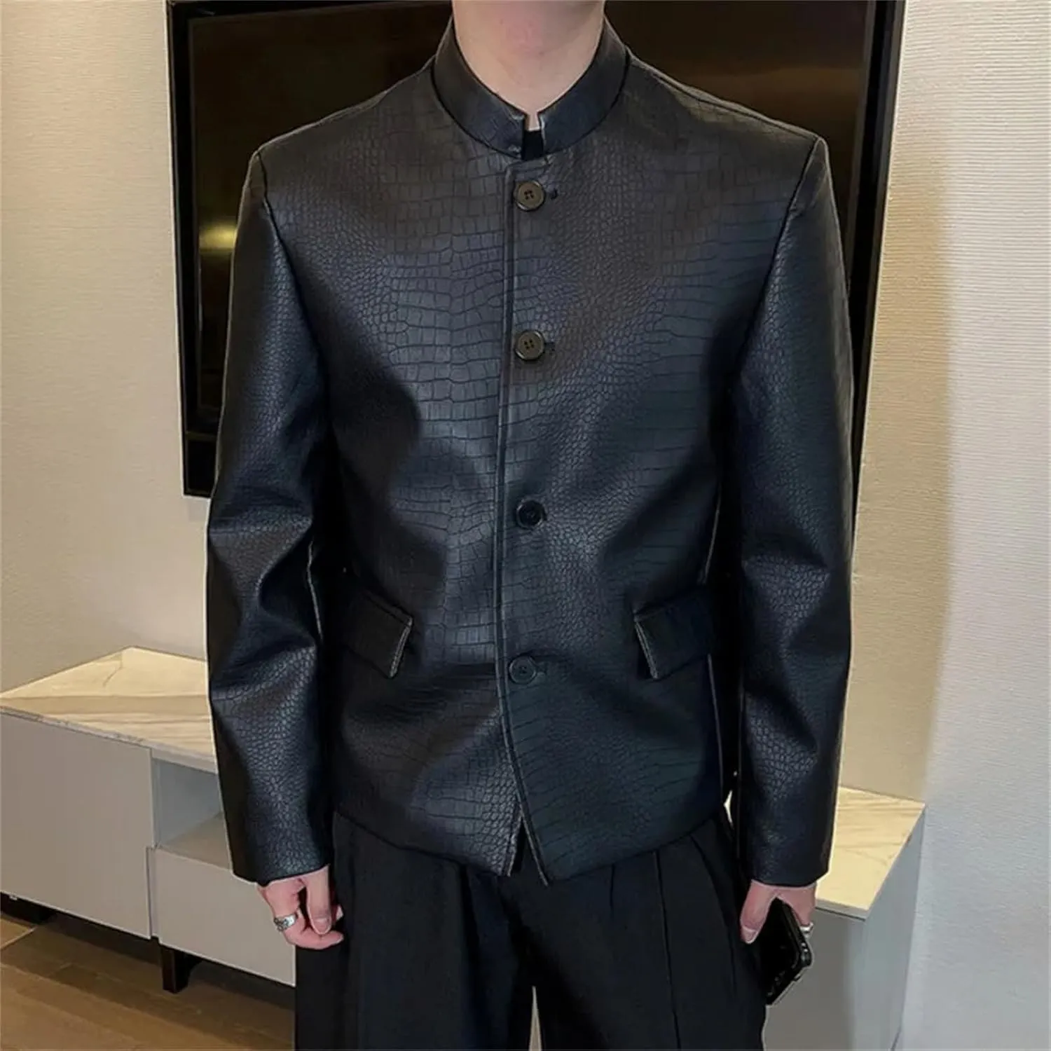 Men's Spring Chinese Style Solid Color PU Leather Jacket Stand Collar Single Breasted Stylish Jacket Suit Coat